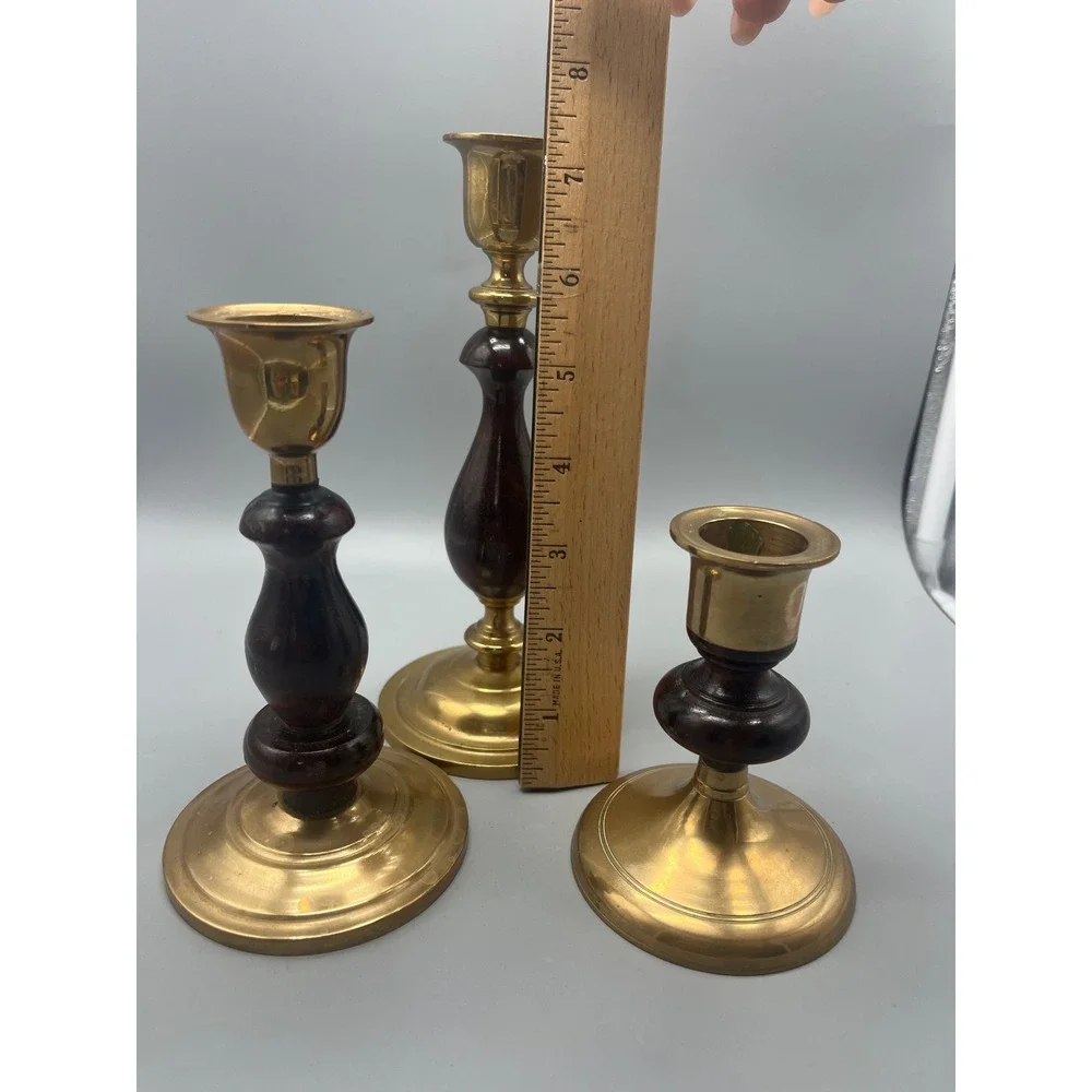 Vtg‎ Brass & Wood set 3 Candlestick holders dark wood Traditional Classic style